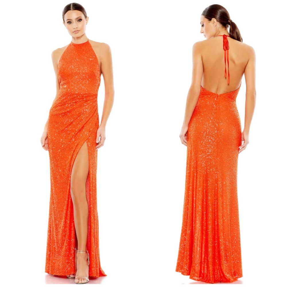 IEENA FOR MAC DUGGAL Sequined Halter Gown NEW Size 8 Tangerine Orange Dress - Picture 15 of 15